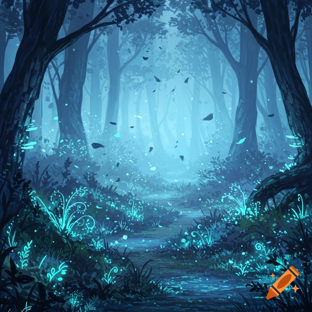 A mystical blue forest path with glowing plants and falling leaves.