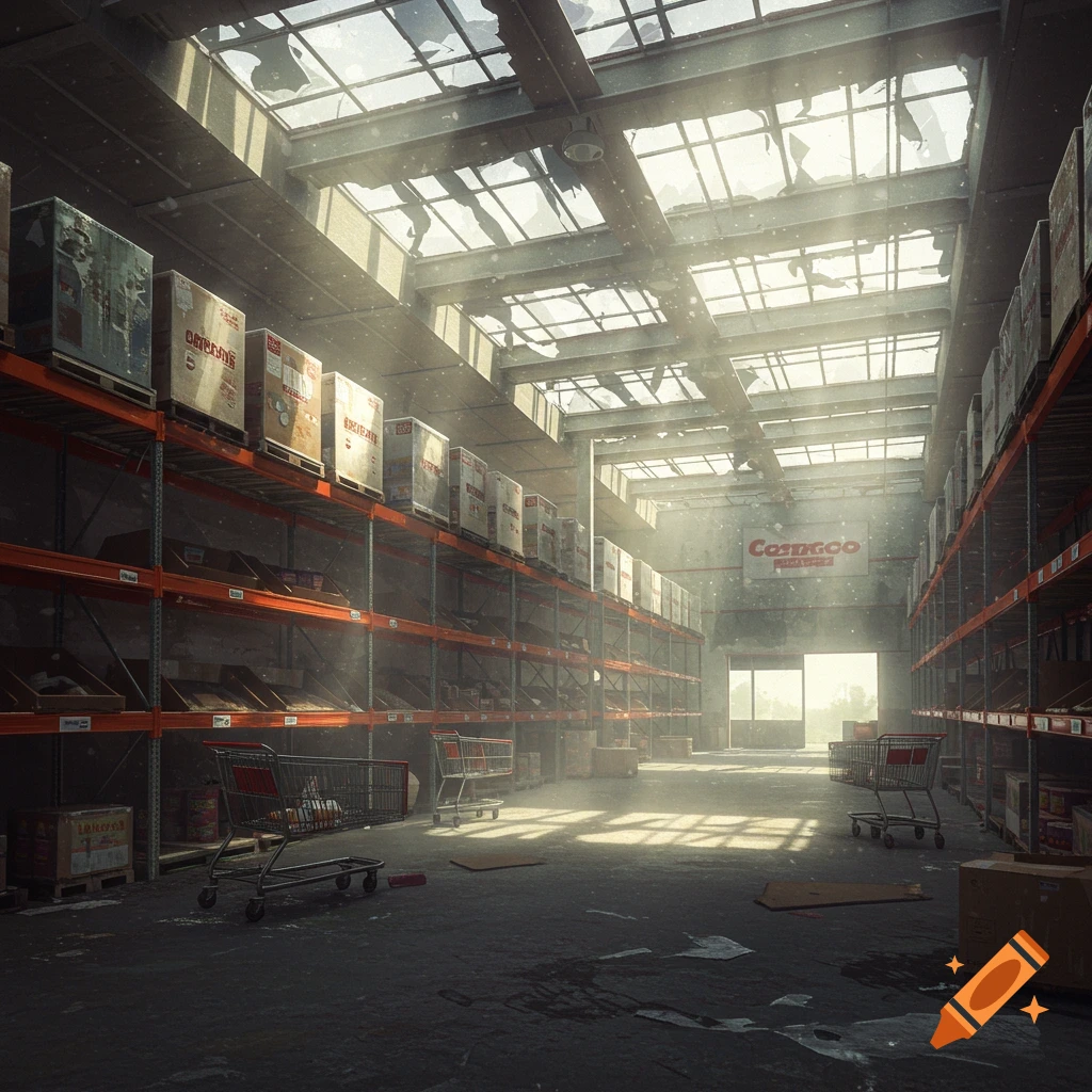 Interior of an abandoned warehouse with shelves, scattered shopping carts, and light streaming through a damaged roof.