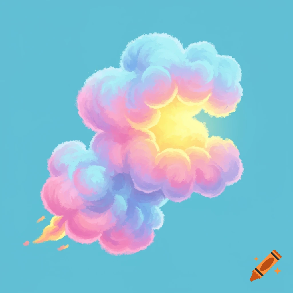 A colorful, stylized cloud of gas or smoke against a blue background.