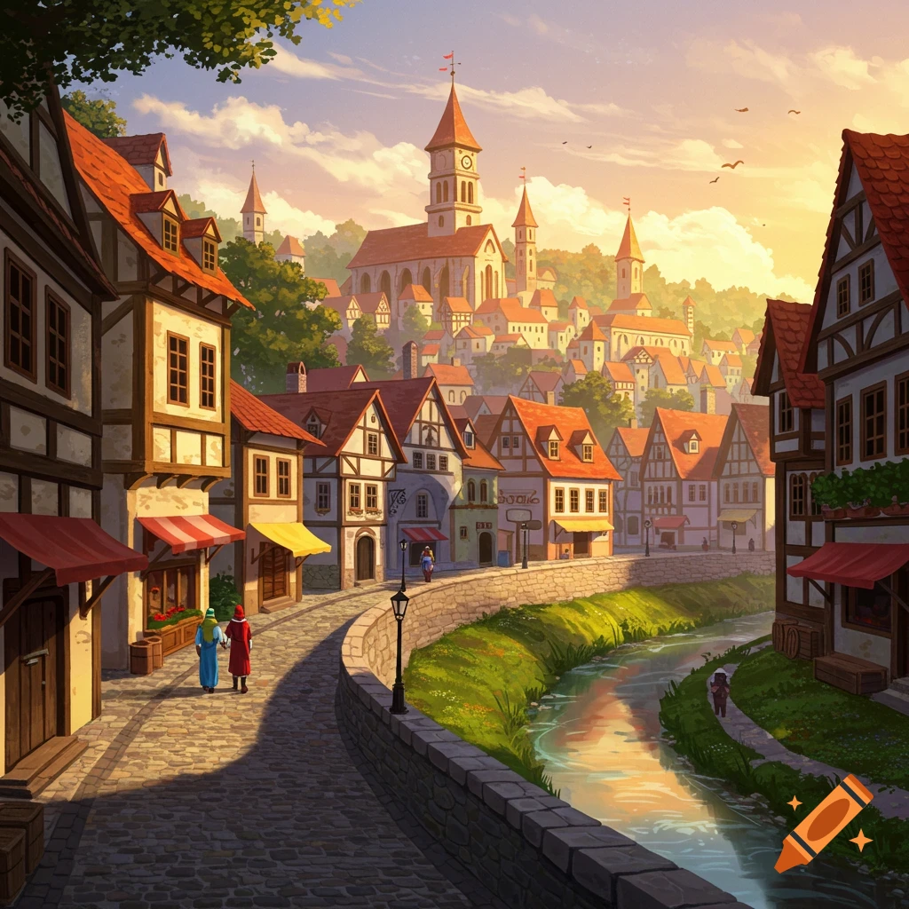 A fantasy town with half-timbered houses along a river at sunset.