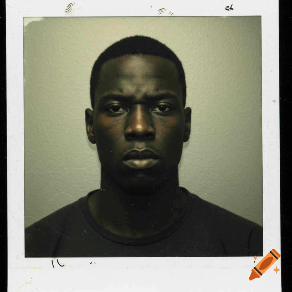 Dark-toned portrait of a black man in a mugshot style on a polaroid photograph.