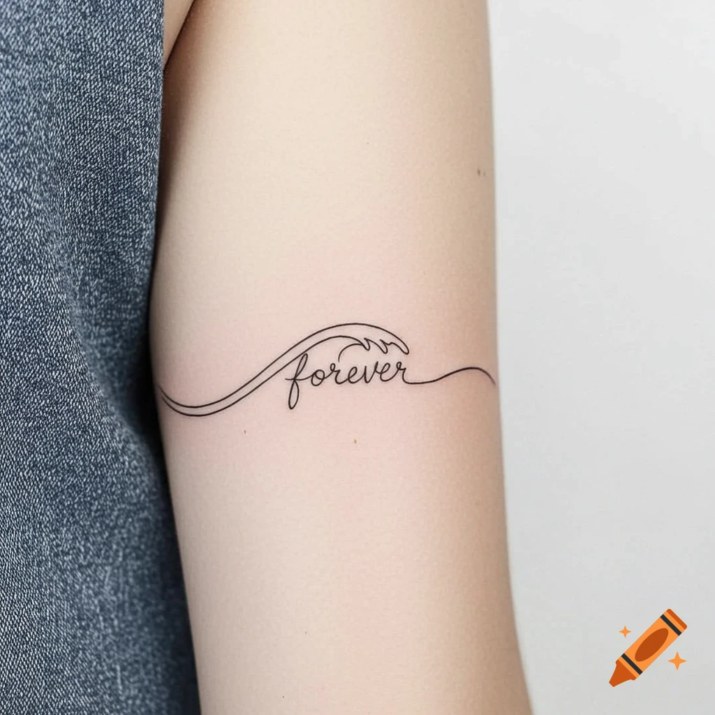 Minimalist black line tattoo of a wave with the word forever on an arm.