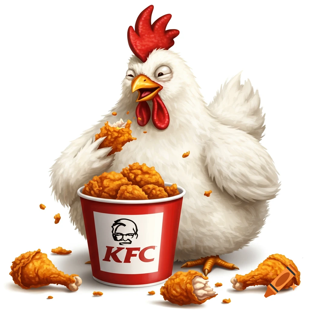 Cartoon chicken eating fried chicken from a KFC bucket.