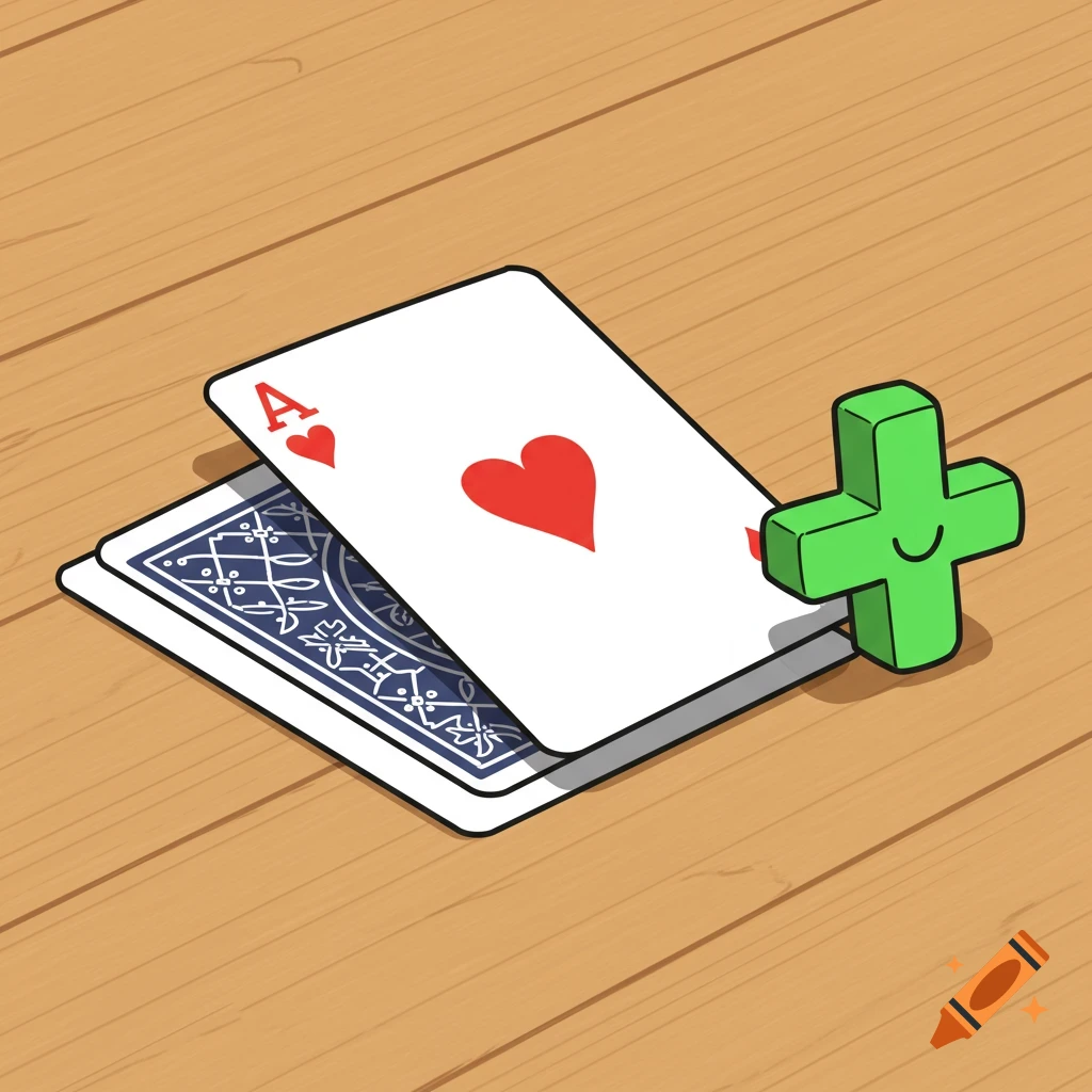 Ace of Hearts playing card on stack of cards with a green plus sign on a wooden table, cartoon style.