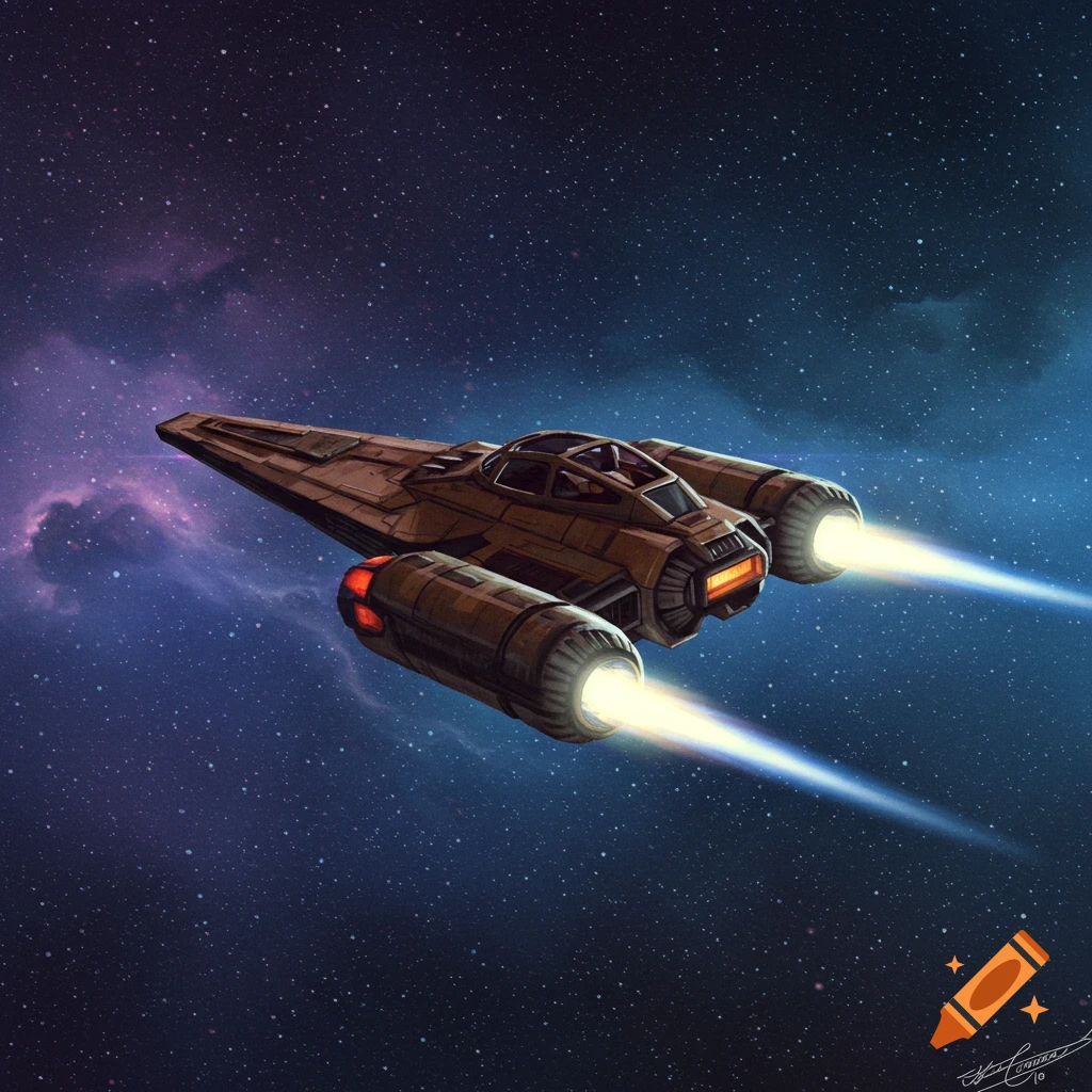 A spaceship flying through space with nebulae.