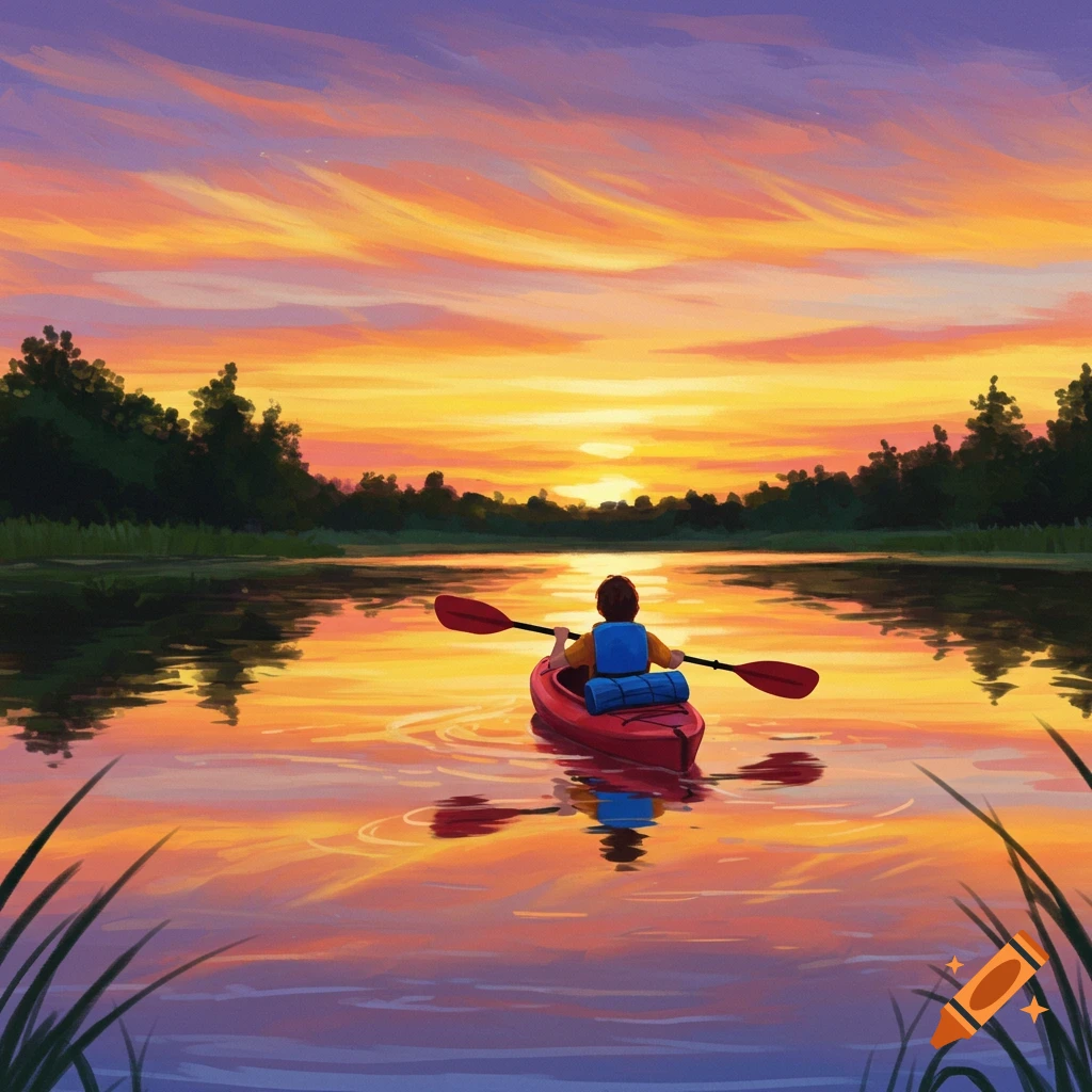 A person kayaks on a lake at sunset.