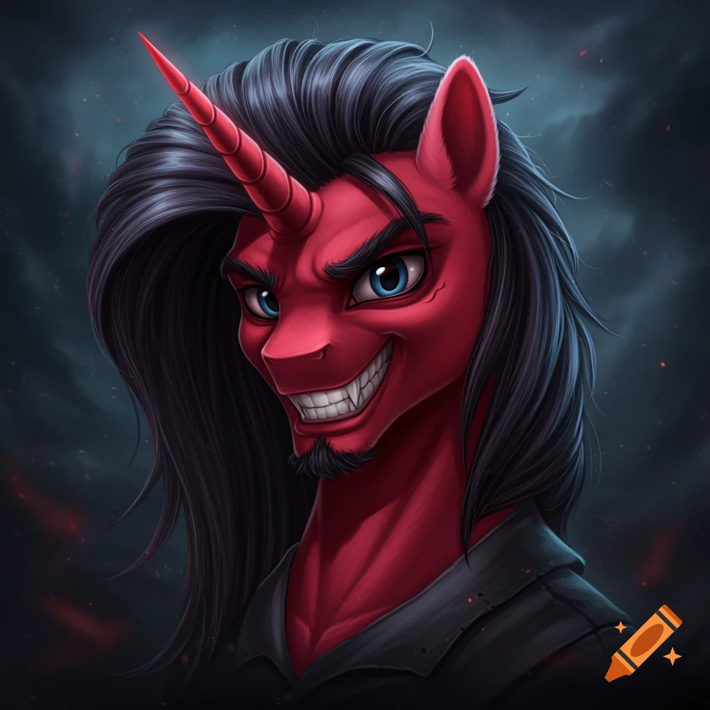 A red unicorn character with long dark hair and a menacing grin stares intensely with blue eyes in a dark, dramatic portrait.