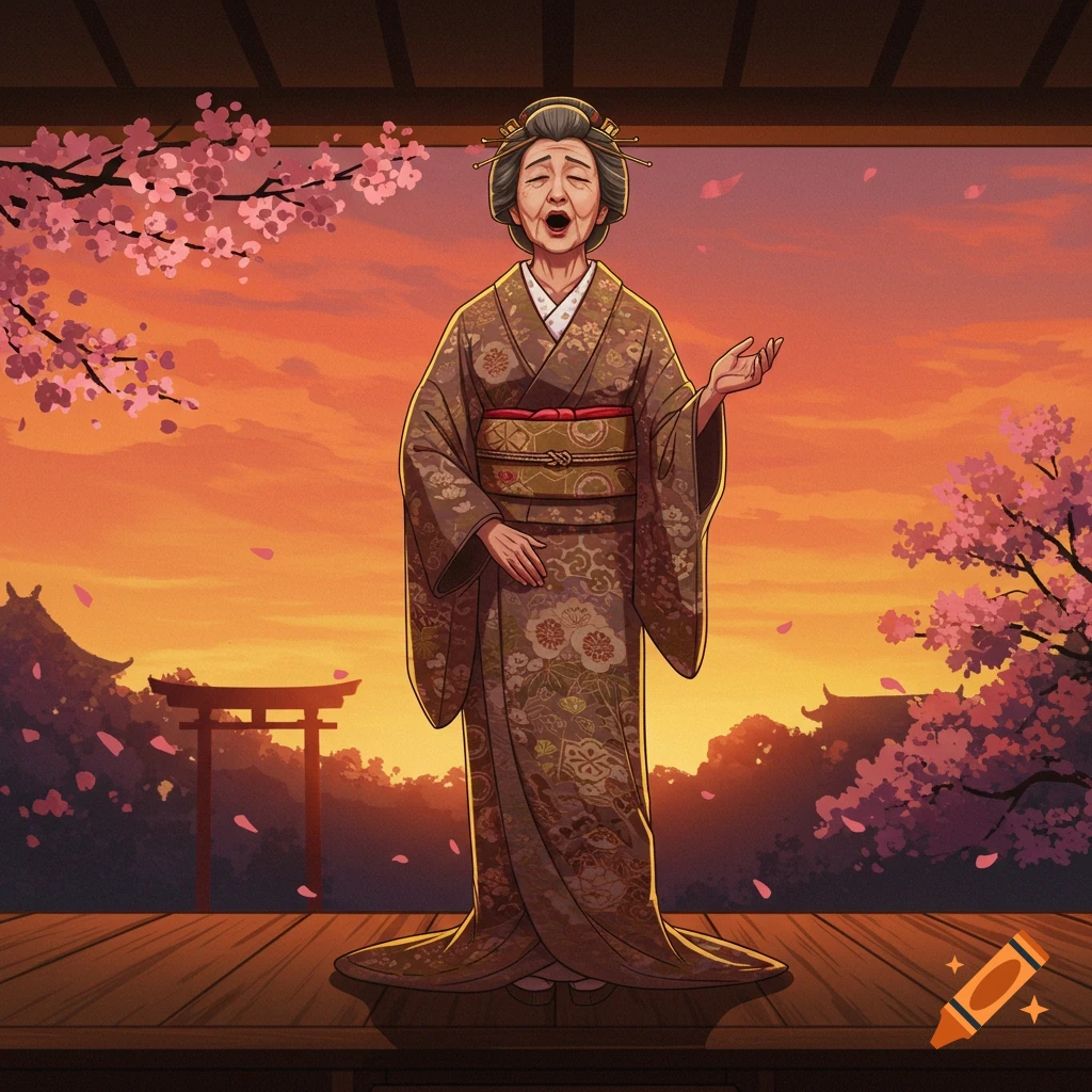 An elderly Japanese woman in a kimono is singing on a platform at sunset with cherry blossoms and a torii gate.