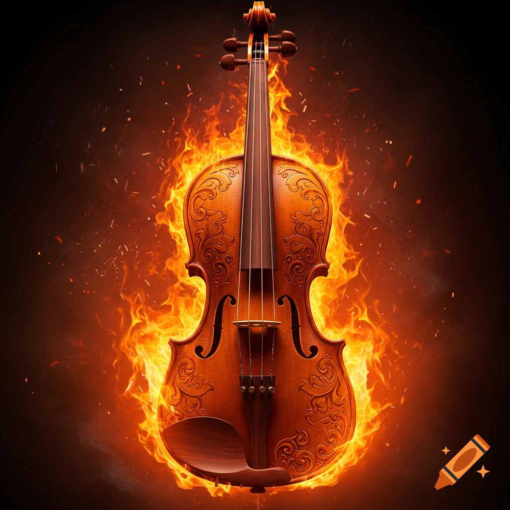 An ornate violin surrounded by fire.