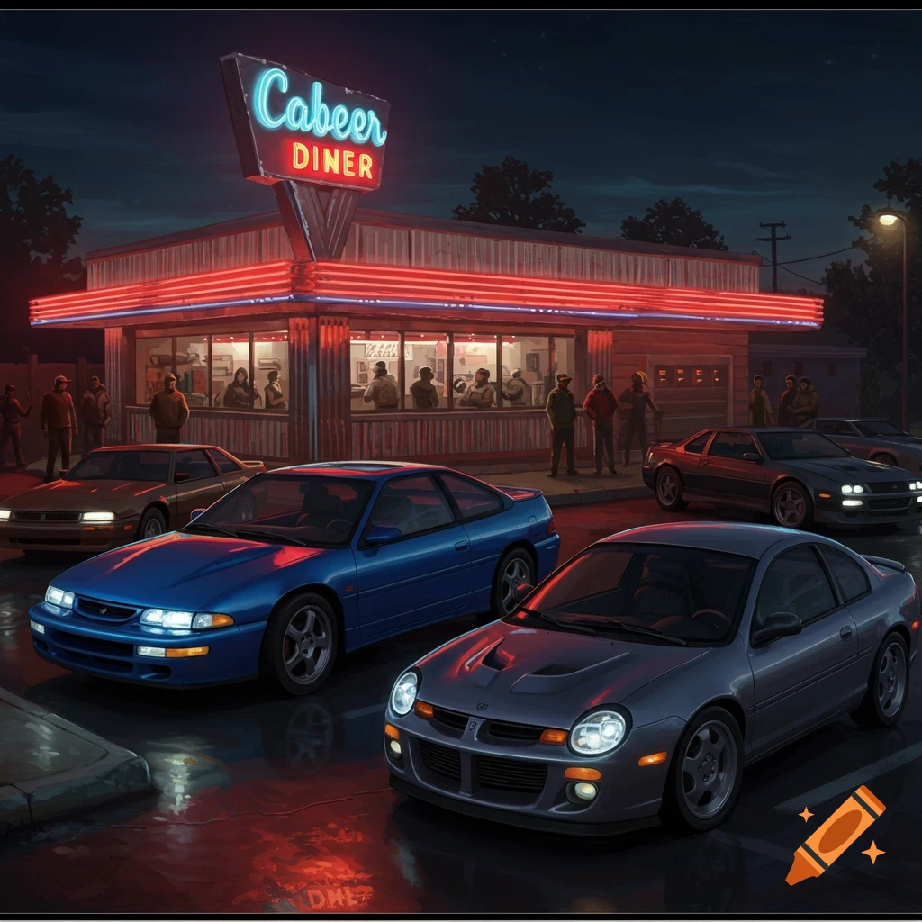 Cars parked outside a neon-lit diner at night