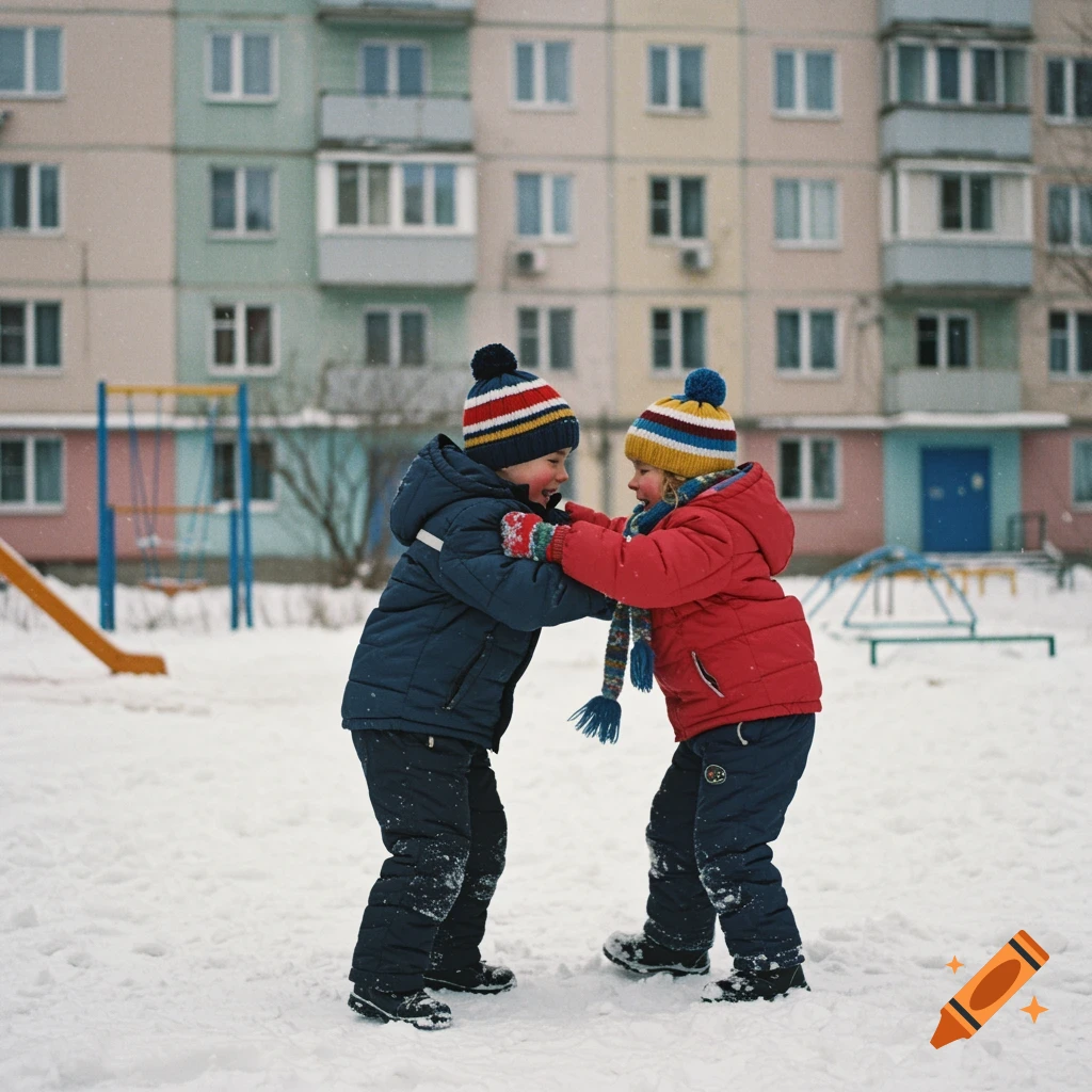 Two children in winter clothes play in the snow outside an apartment building. Film photo.