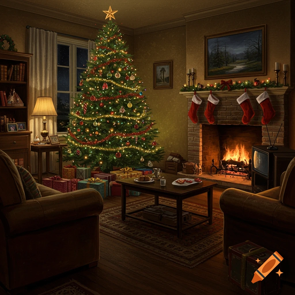 Cozy Christmas living room with a large decorated tree, fireplace, and presents.