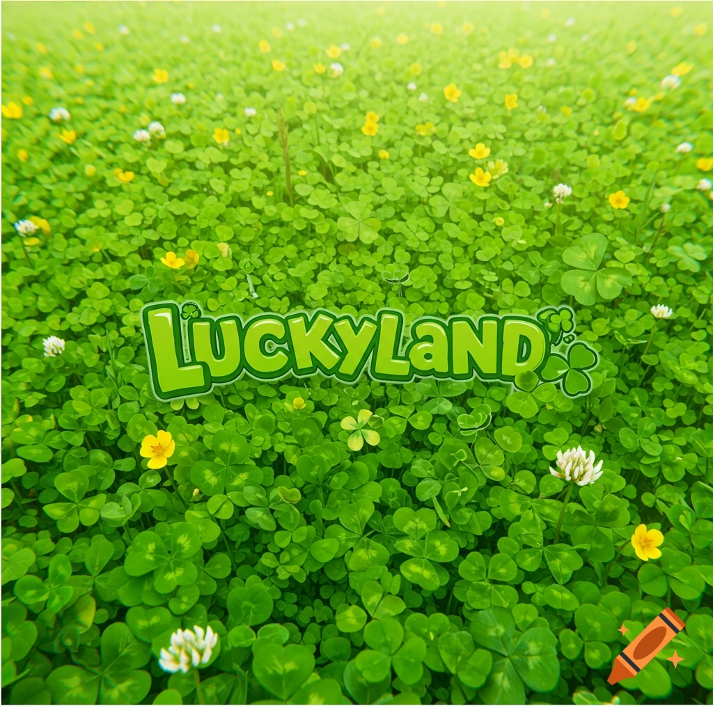 A field of clovers and flowers with the text 'LuckyLand'.