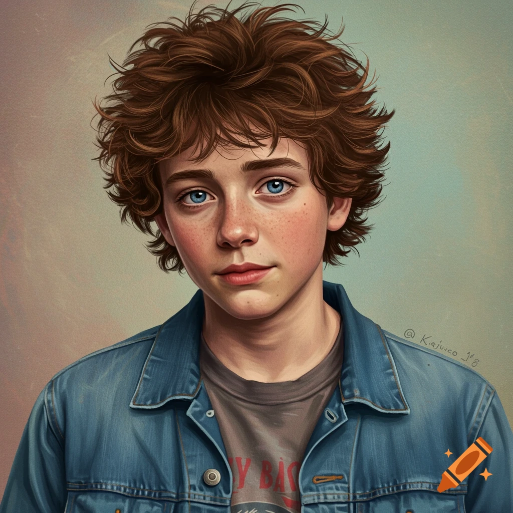 Portrait of a young male with curly brown hair, blue eyes, and freckles wearing a denim jacket.