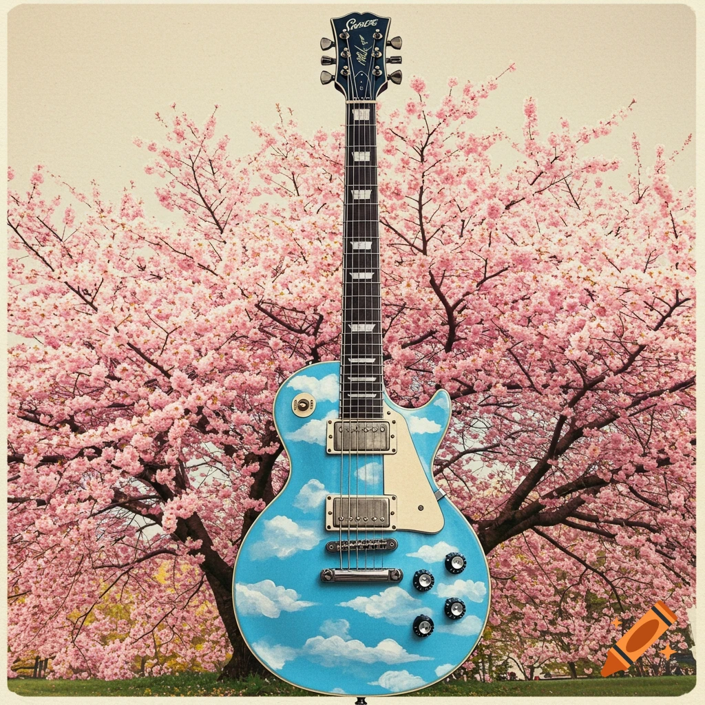 A blue electric guitar painted with clouds stands upright in front of a cherry blossom tree in a hand-painted style.