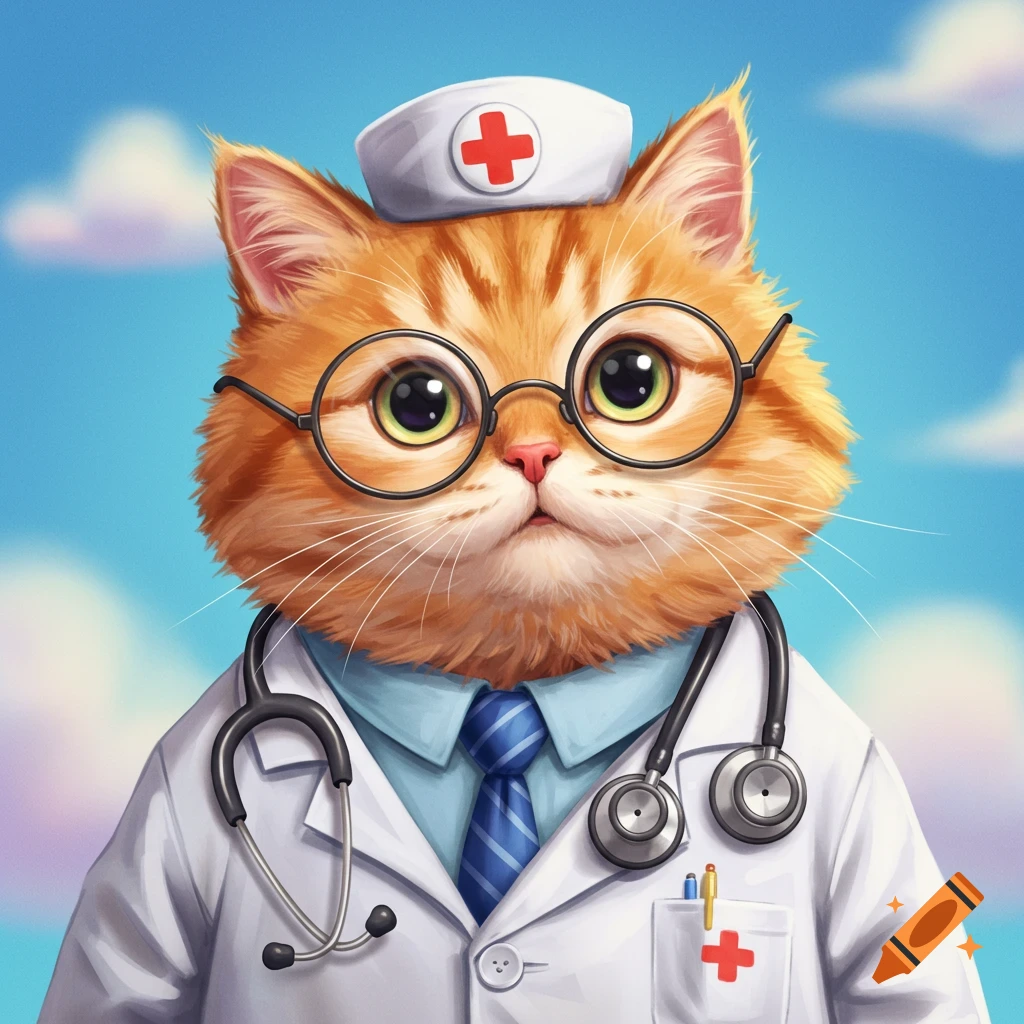 A furry orange cat wearing glasses, a doctor's coat, and a stethoscope.