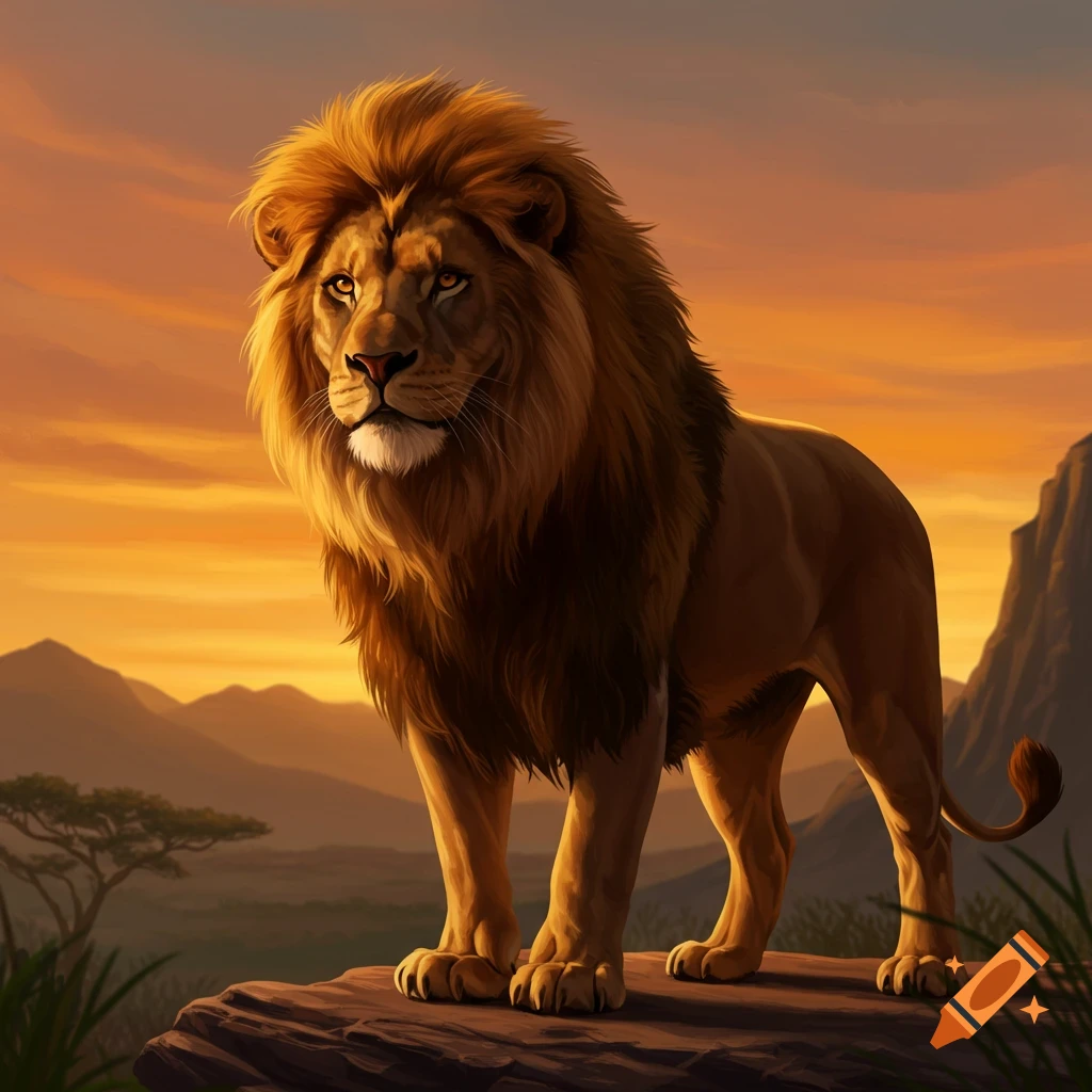 A lion stands on a rock overlooking a landscape at sunset.