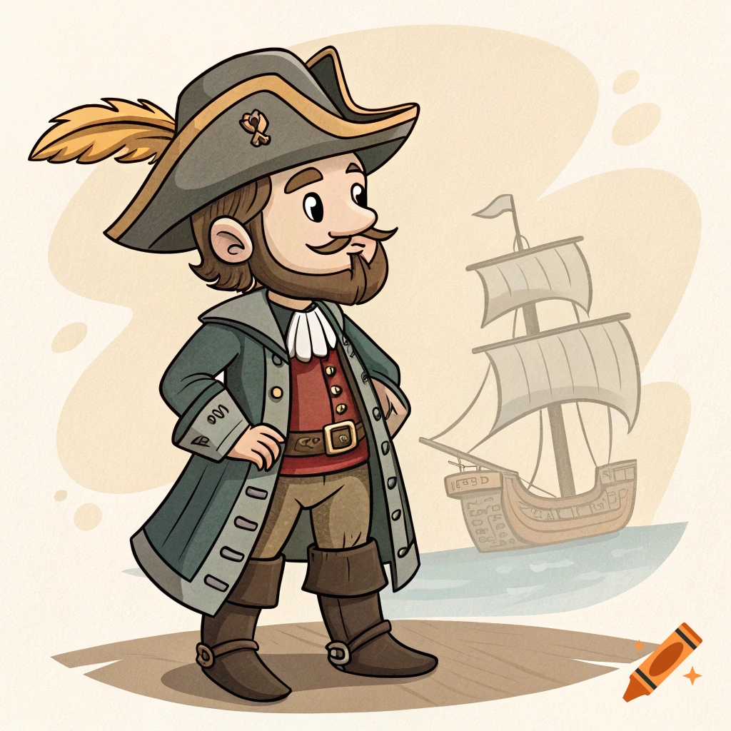 A cartoon illustration of a pirate character with a ship.