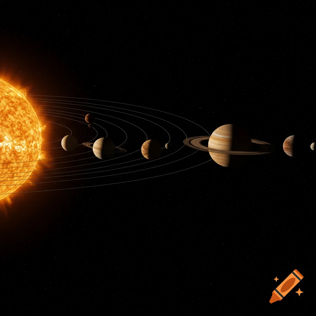 A realistic depiction of the sun and planets orbiting in space.