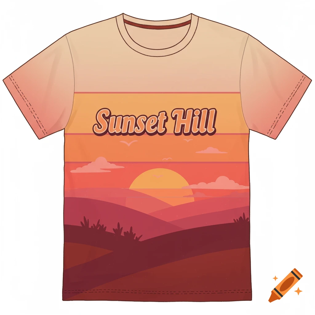 T-shirt design with a stylized sunset landscape and the text 'Sunset Hill' in the center.