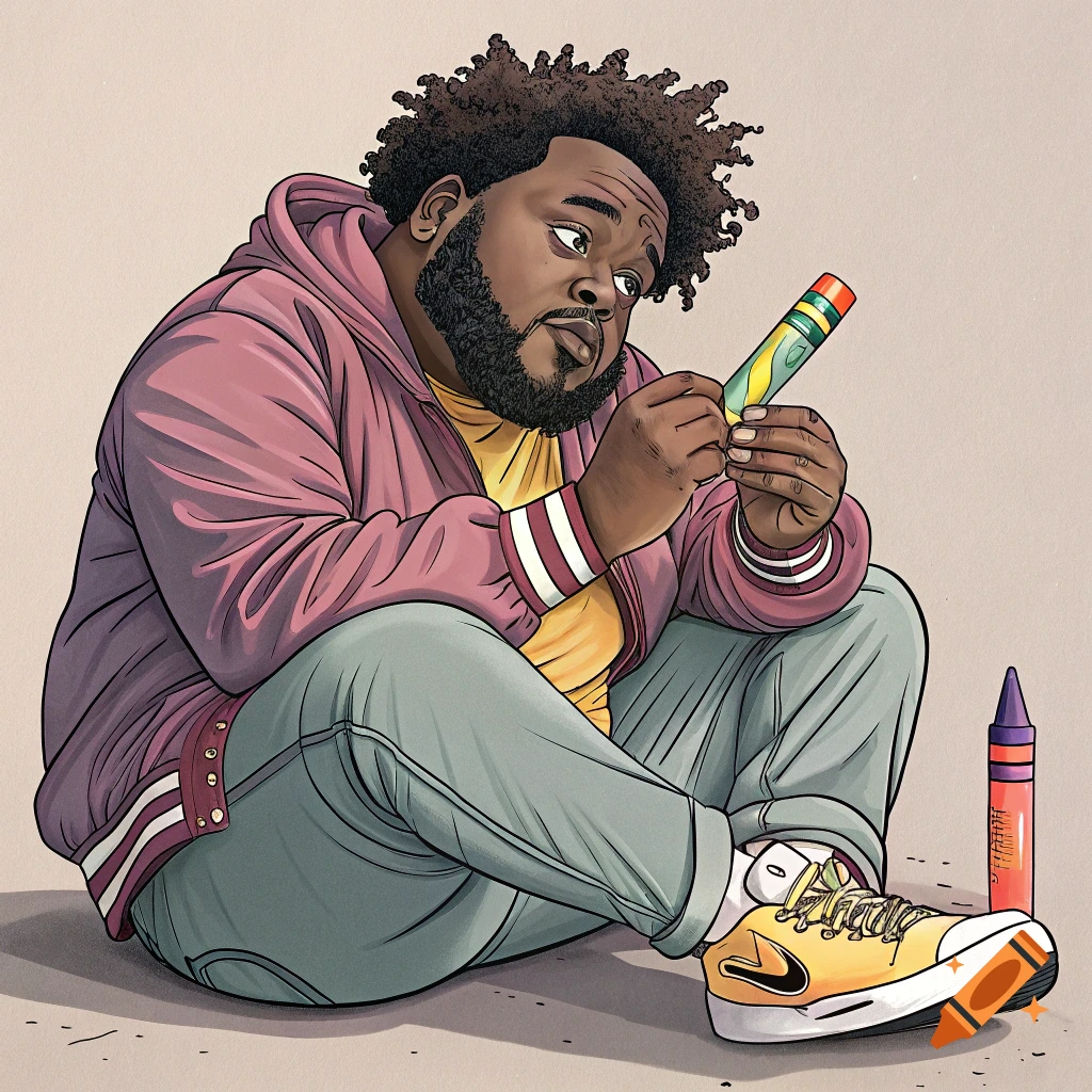 Illustration of a man sitting and looking at a colorful crayon.