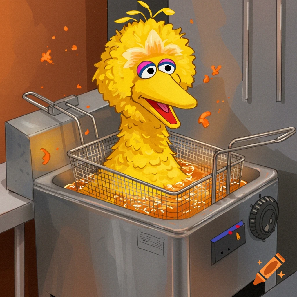 Cartoon Big Bird submerged in a deep fryer in a vibrant style.