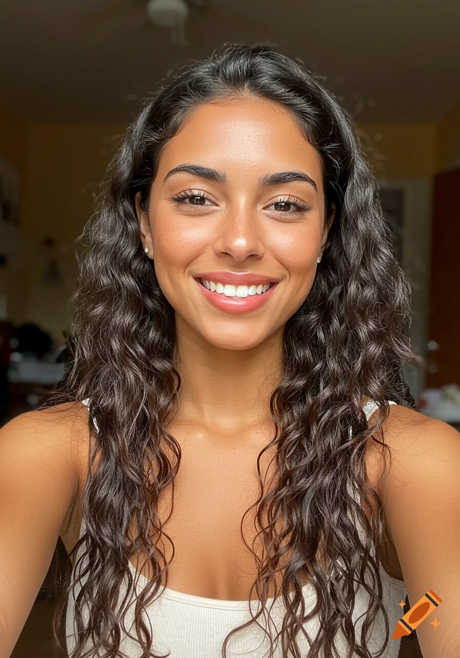 Smiling woman with long curly hair takes a selfie.