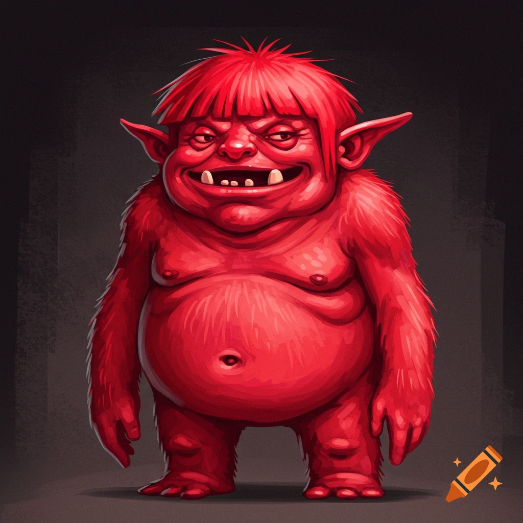 A red, hairy, plump creature with pointy ears and small eyes.