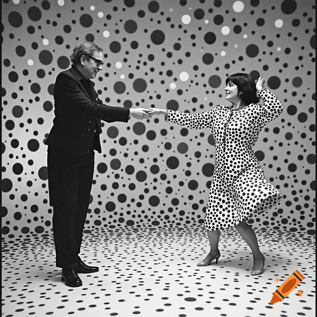 A black and white photo shows a man and woman dancing in a room covered floor-to-ceiling in large and small polka dots.