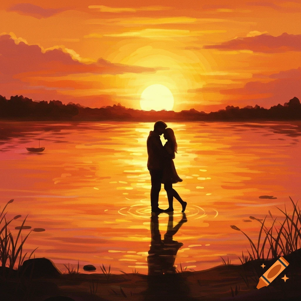 A couple embracing in a lake during sunset