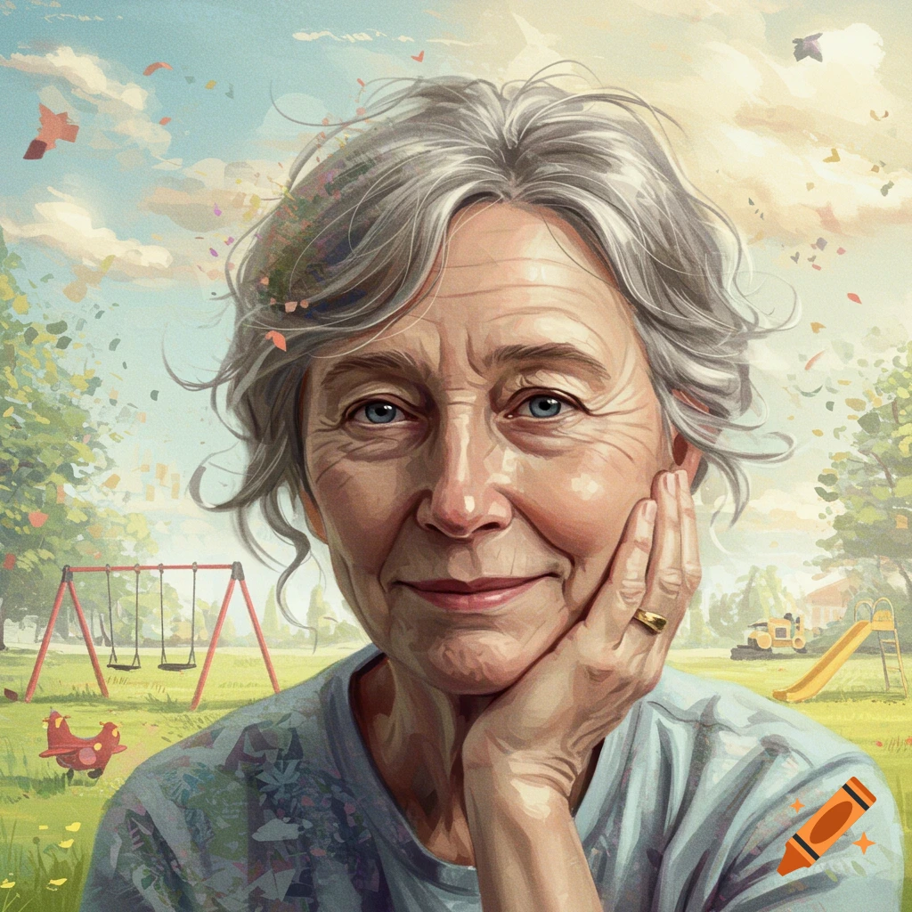 An older woman with grey hair rests her hand on her face. Behind her is a blurry playground under a cloudy sky.