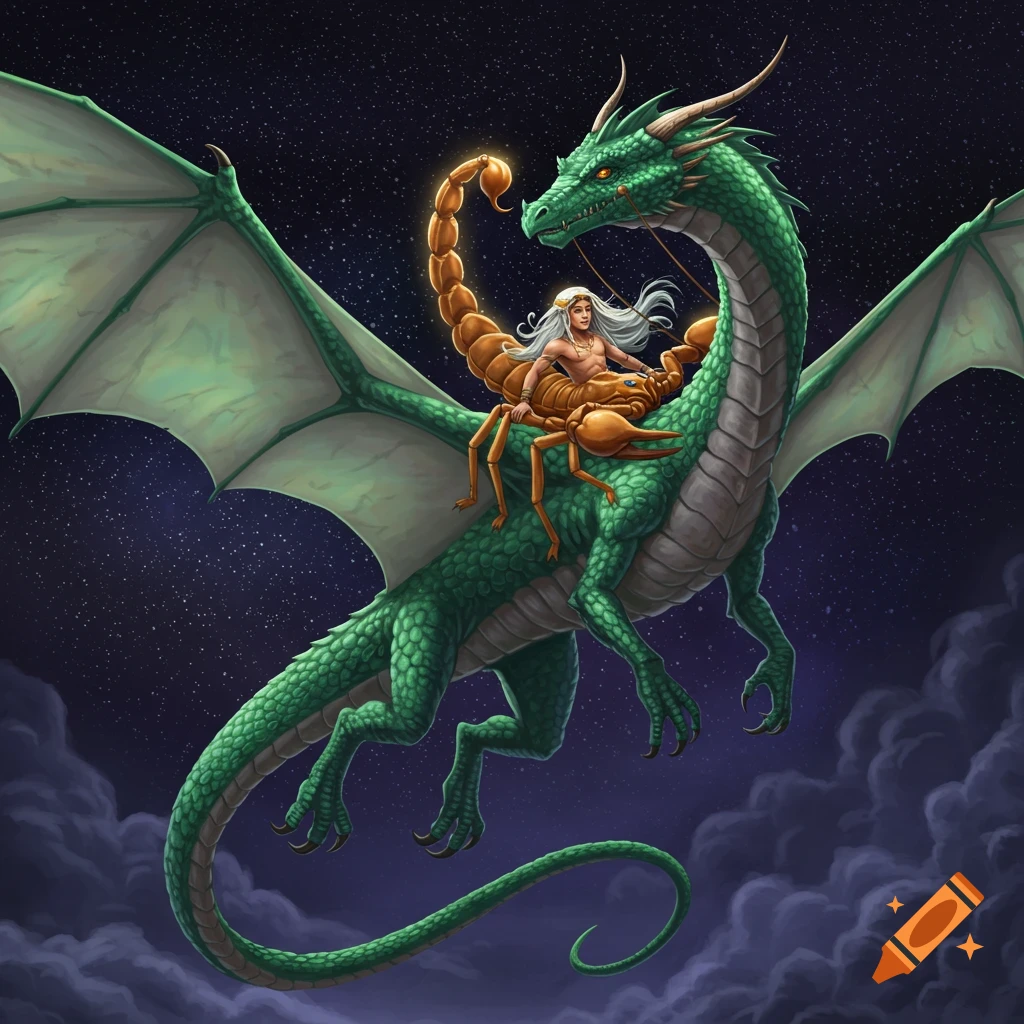 A person riding a giant golden scorpion attached to a green dragon flying in a starry sky.