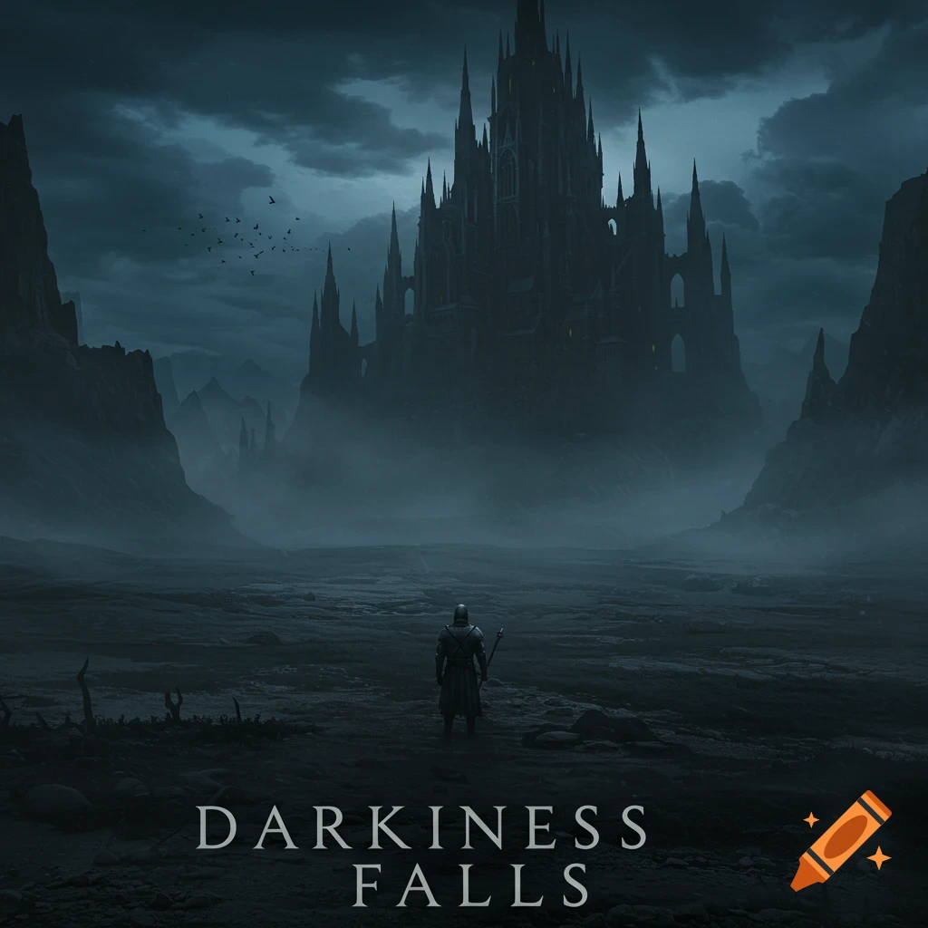 A knight stands before a dark castle in a misty, grim landscape. Text: DARKNESS FALLS. Book cover style.