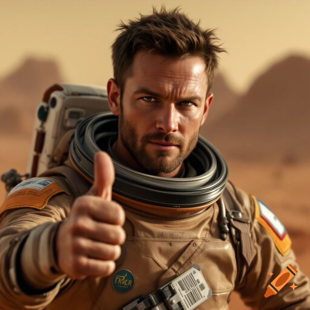 Man in spacesuit gives thumbs up on Mars surface