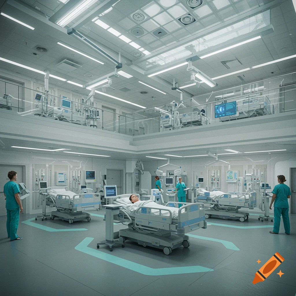 Modern, high-tech hospital room with medical beds, equipment, staff, and a patient. Clean lines, bright lighting.