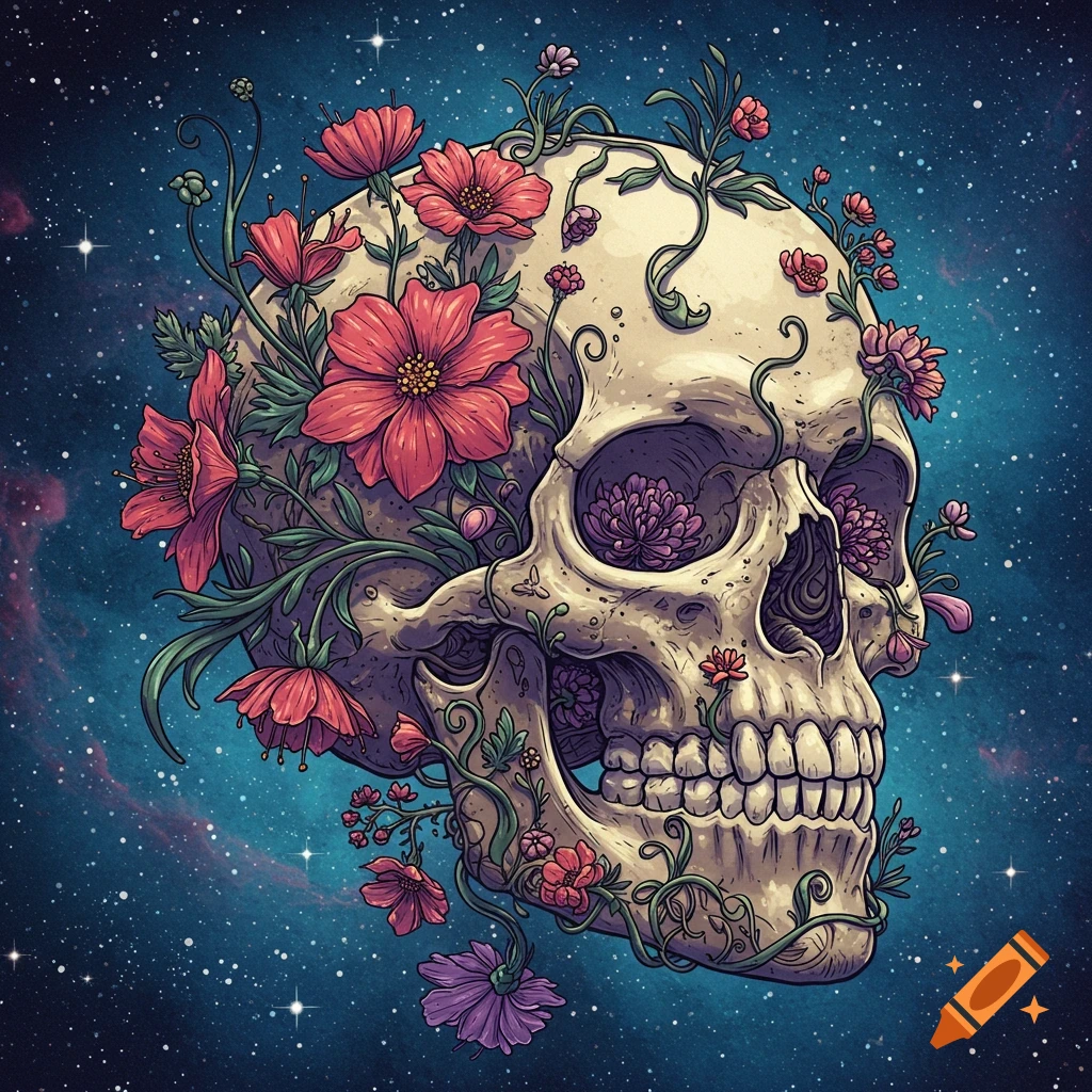 An illustrated skull covered in red and purple flowers and vines floats in a starry space background.