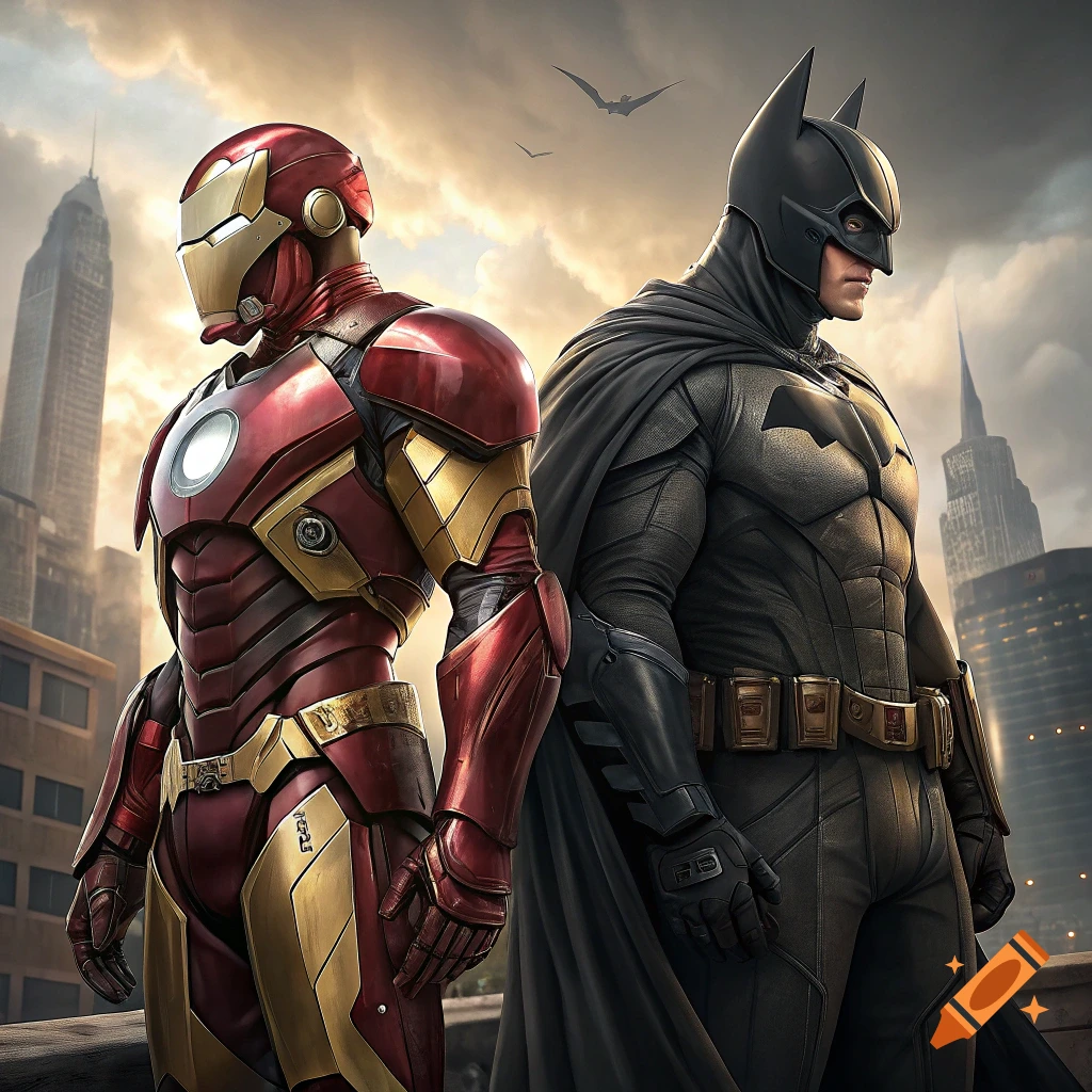 Iron Man and Batman stand back-to-back on a rooftop with a city skyline behind them.
