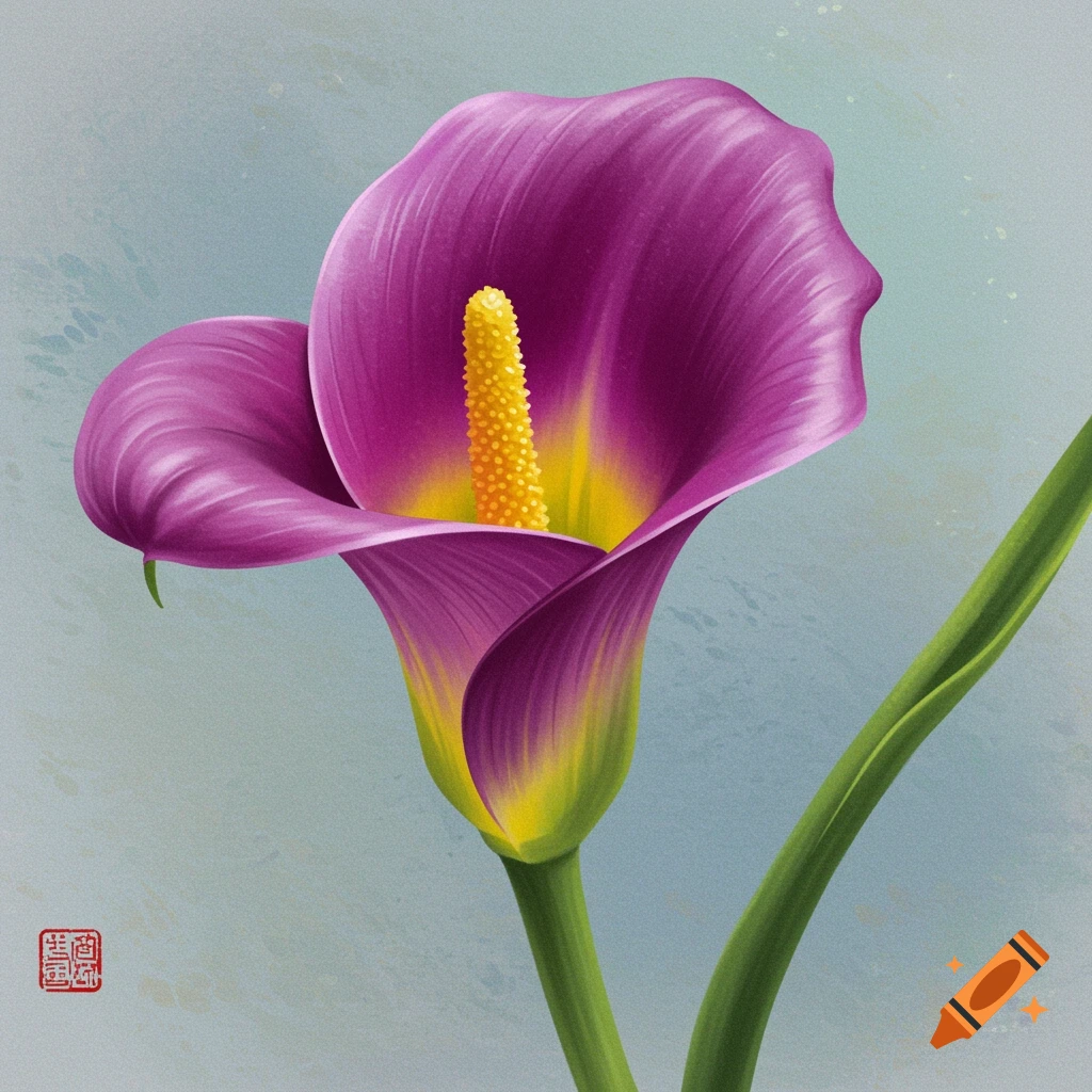 Vibrant purple calla lily in traditional Chinese art style