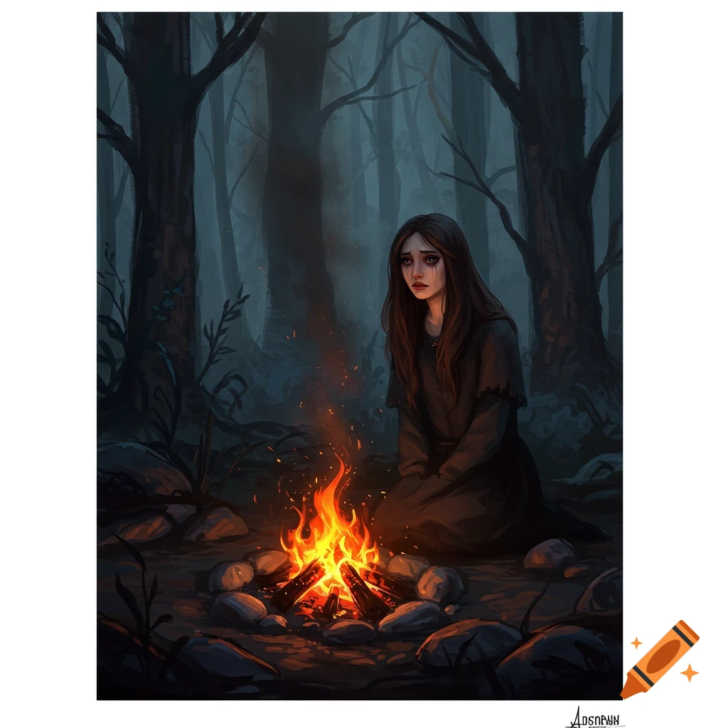 A sad girl sits by a campfire in a dark forest.