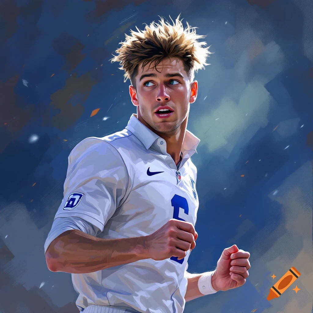 A young man in a white sports jersey with logos and a number, looking up and to the left. He is running or jogging with fists clenched, against a blurry blue and grey background.
