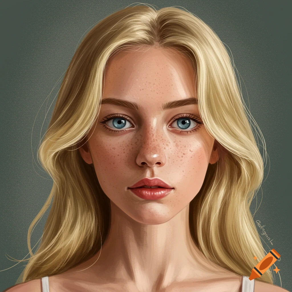 A portrait of a young woman with blonde hair, blue eyes, and freckles.