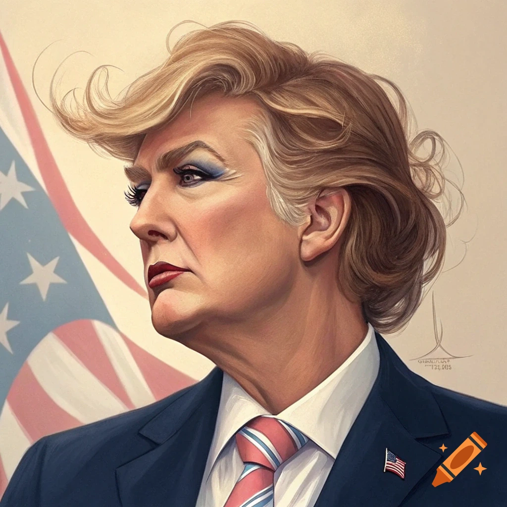 Illustration portrait of a person resembling Donald Trump wearing makeup, suit, and tie, with an American flag in the background.