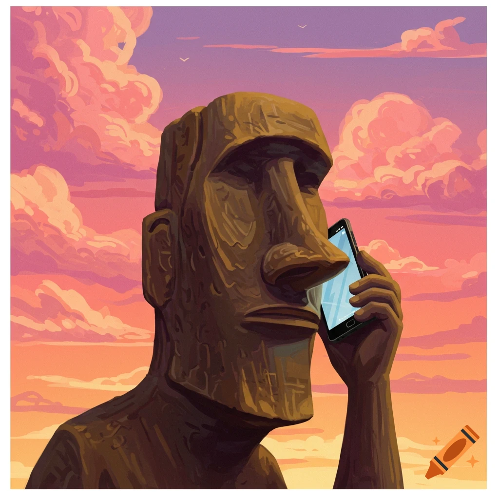A Moai statue talking on a smartphone against a dramatic sky.