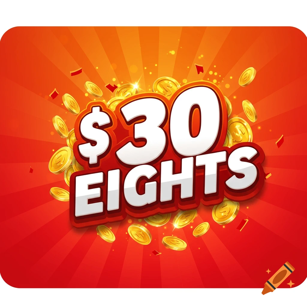 Advertising banner with $30 EIGHTS text, golden coins, and confetti on a red background