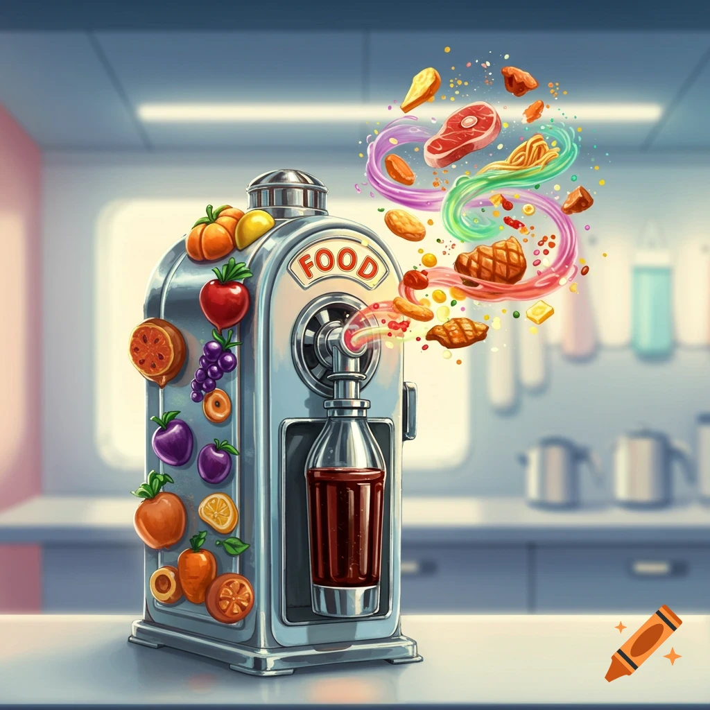 A futuristic machine producing various types of food and a beverage.