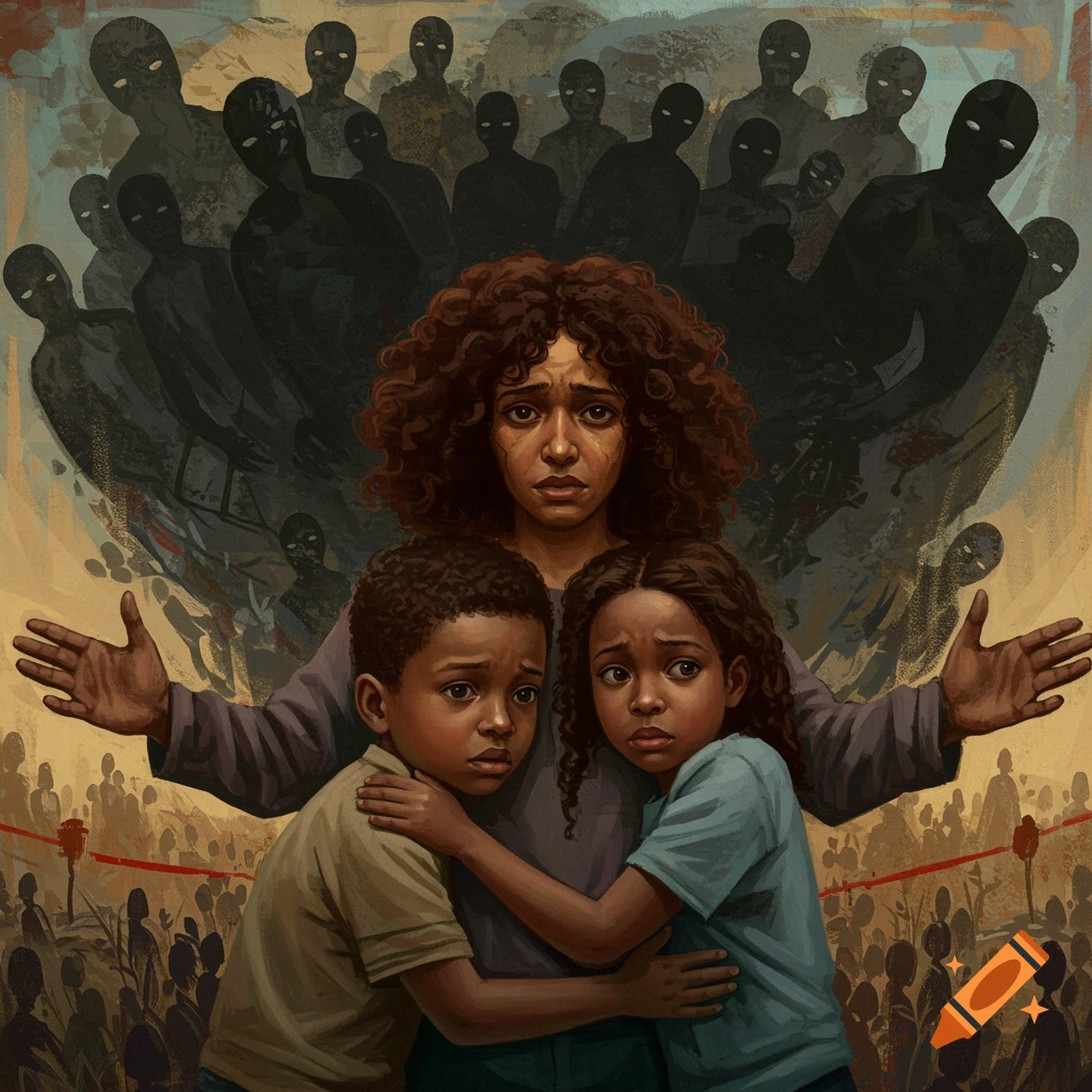Surreal image of a mother shielding two children from shadowy figures.