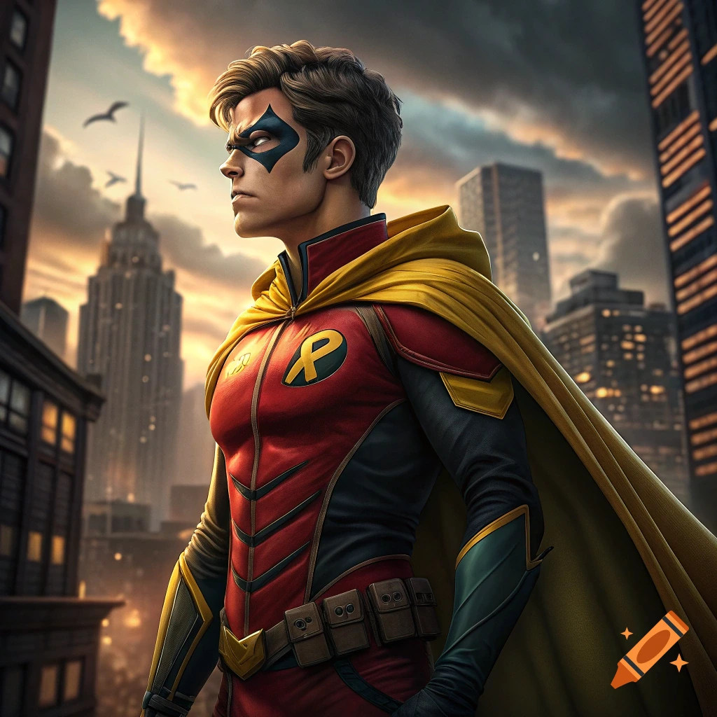 Superhero Robin stands in a city overlooking the skyline.