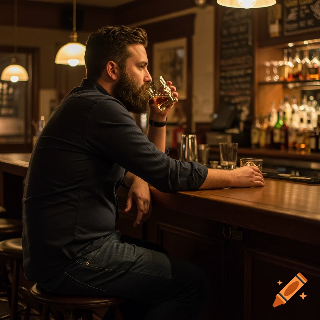 A man with a beard sits sideways at a bar, drinking from a glass. Photorealistic.