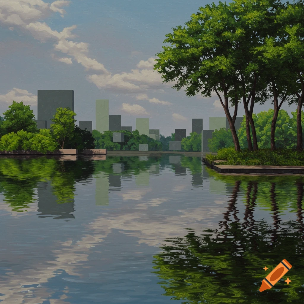 A serene lake perfectly mirrors a line of trees and a sharp, geometric cityscape, all beneath a sky full of clouds.