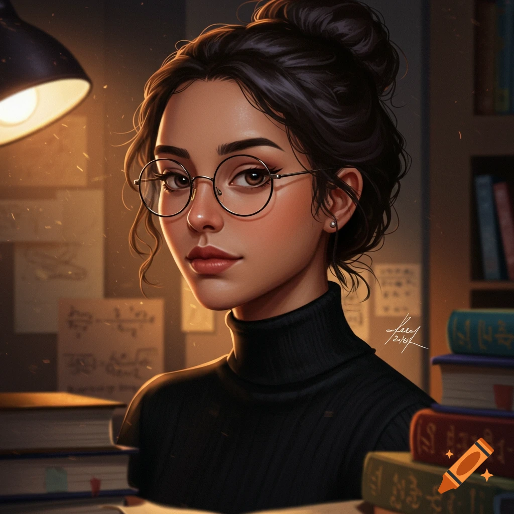 A young woman with glasses and a messy bun is studying with books.